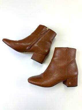 Ralph Lauren Welford Leather Zip Ankle Boots Tan 7B Block Heel